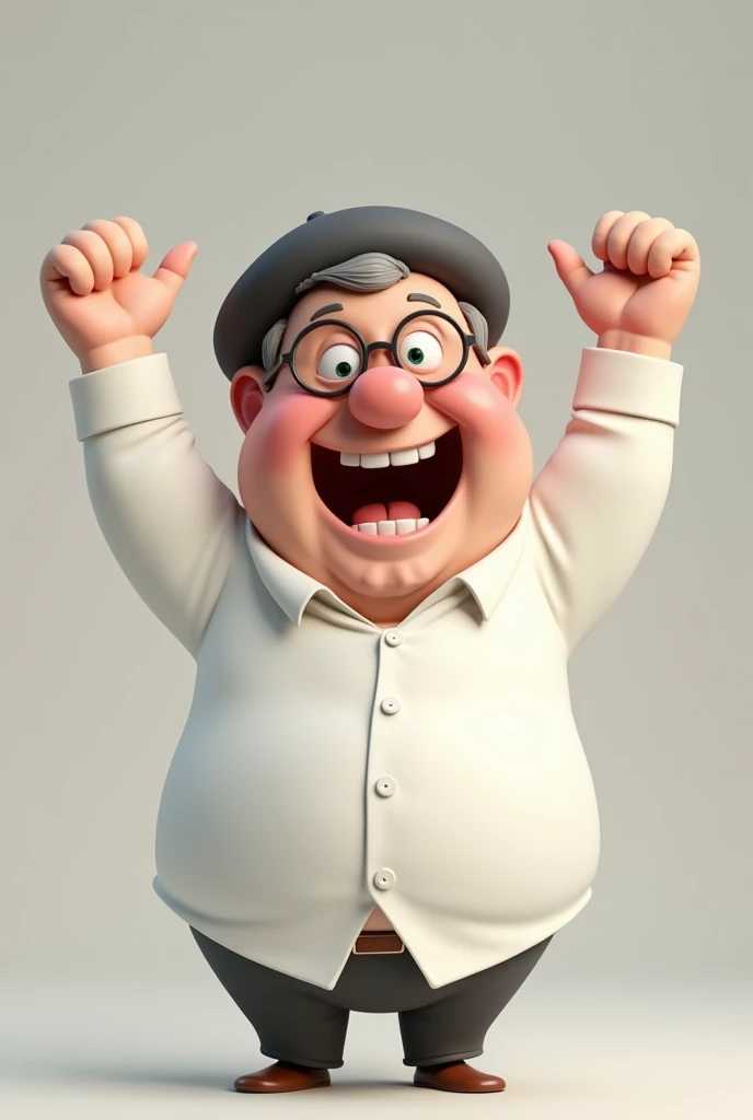 A 3D drawing of a 50-year-old man in a formal shirt, glasses and a beret, smiling broadly, a little chubby with a childish appearance and more caricatured with hands raised in a sign of victory