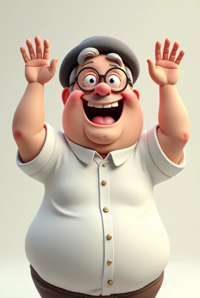 A 3D drawing of a 50-year-old man in a formal shirt, glasses and a beret, smiling broadly, a little chubby with a childish appearance and more caricatured with hands raised in a sign of victory
