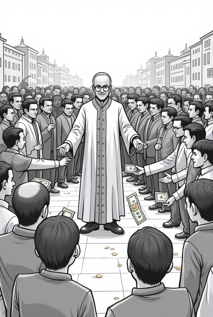 Very simple drawing of people giving money to a priest at a rally