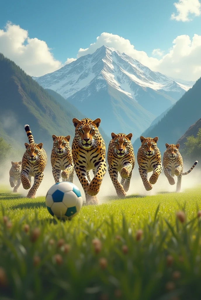 6 jaguars with an Andean cat playing soccer on a field