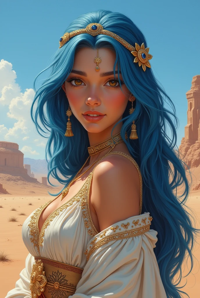 Vivi princess of arabasta real life Character from a desert-type kingdom as she would look taking into account skin tone according to her demographics and her characteristic blue hair