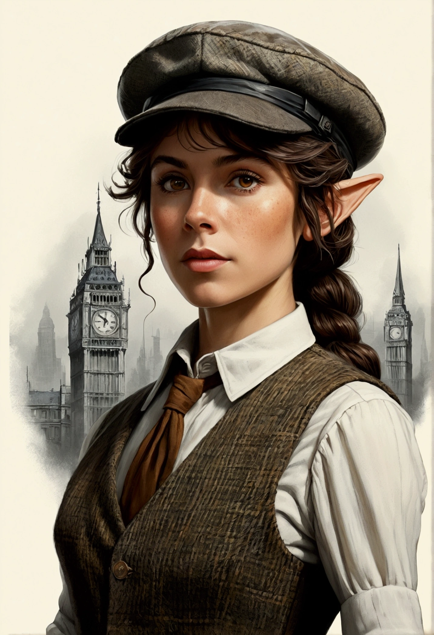 An illustrated movie poster, hand-drawn, full color, an elven maiden, wearing a tweed vest and a newsie cap, tall, toned, amazonian stature, athletic hourglass figure, long pointy elf ears, amber eyes, dark hair, shaggy bob cut, deep sun-tanned skintone, freckles, standing on a foggy Victorian-era street corner, graphite shading, stencil marks, airbrushed acrylic paint, masterpiece, in the style of Sherlock Holmes, elf ears