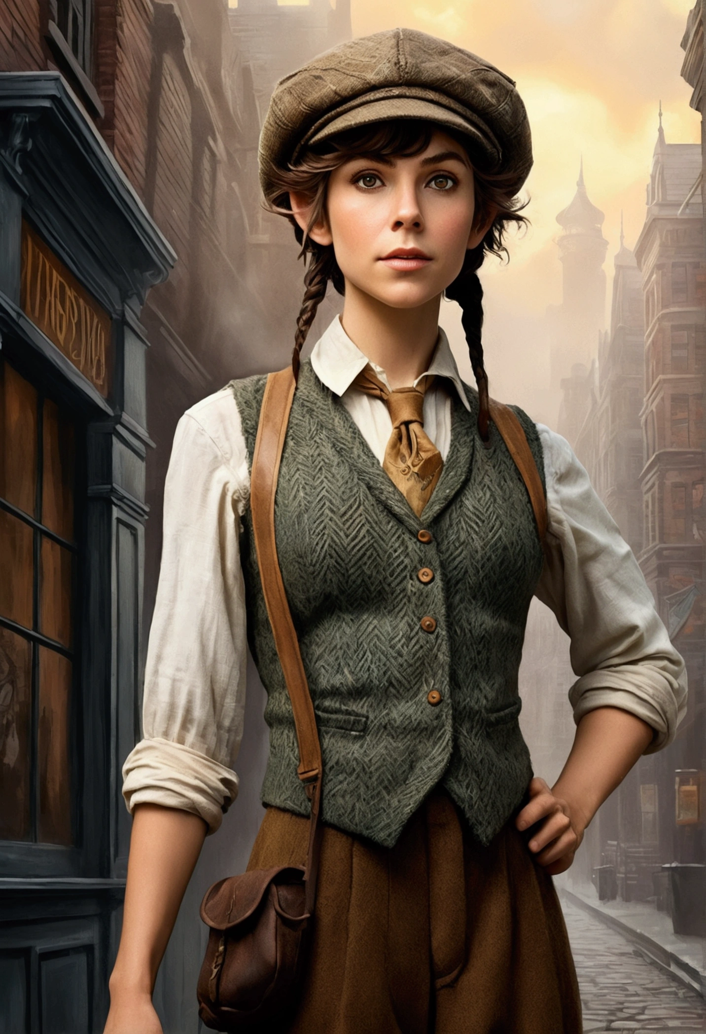 An illustrated movie poster, hand-drawn, full color, an elven maiden, wearing a tweed vest and a newsie cap, tall, toned, amazonian stature, athletic hourglass figure, long pointy elf ears, amber eyes, dark hair, shaggy bob cut, deep sun-tanned skintone, freckles, standing on a foggy Victorian-era street corner, graphite shading, stencil marks, airbrushed acrylic paint, masterpiece, in the style of Sherlock Holmes, elf ears