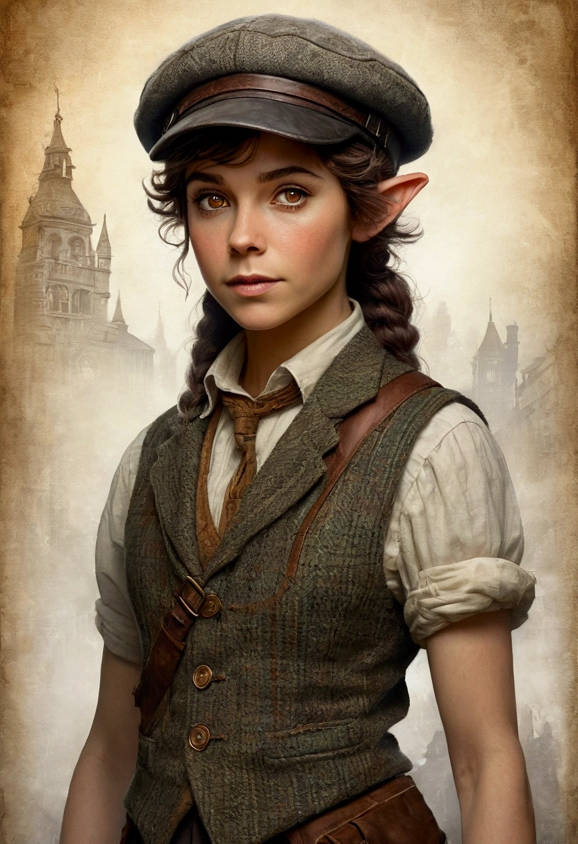 An illustrated movie poster, hand-drawn, full color, an elven maiden, wearing a tweed vest and a newsie cap, tall, toned, amazonian stature, athletic hourglass figure, long pointy elf ears, amber eyes, dark hair, shaggy bob cut, deep sun-tanned skintone, freckles, standing on a foggy Victorian-era street corner, graphite shading, stencil marks, airbrushed acrylic paint, masterpiece, in the style of Sherlock Holmes, elf ears