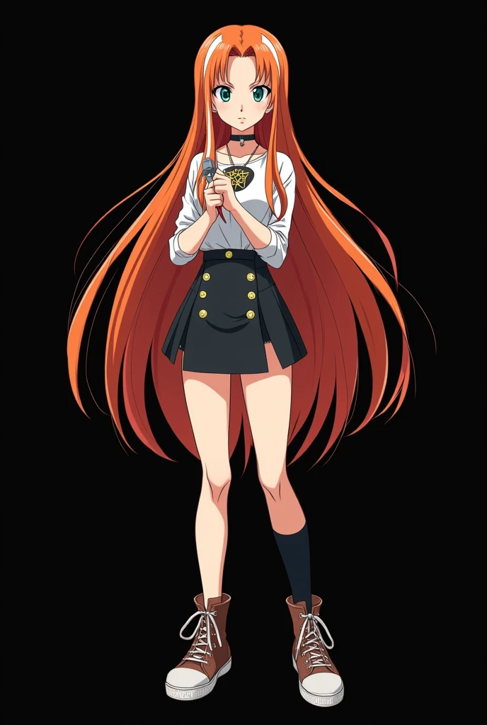 A full body image of an 1 girl, personagem do anime "Dragon Ball Super", she is very beautiful, with long, straight, fire-colored hair with two white streaks highlighted in the front, framing your face. She has blue-green eyes and pale skin.. she is a Wiccan, she is in fighting pose. she wears a pentagram necklace, croped, glued skirt, beautiful women's high-top shoes and ¾-long socks, she holds a small nail hammer and small nails. It is drawn with Akira Toryama's animation. black backdrop.