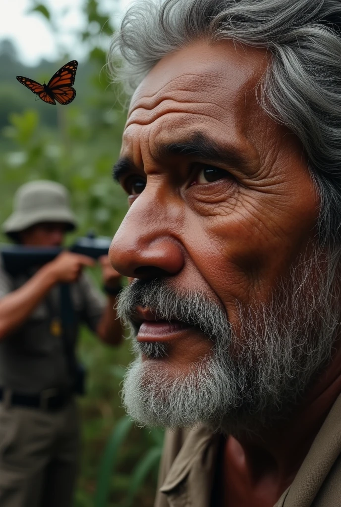 The face of a paisa peasant,and in the background Colombian guerrillas aiming at him,and next to it a butterfly flies