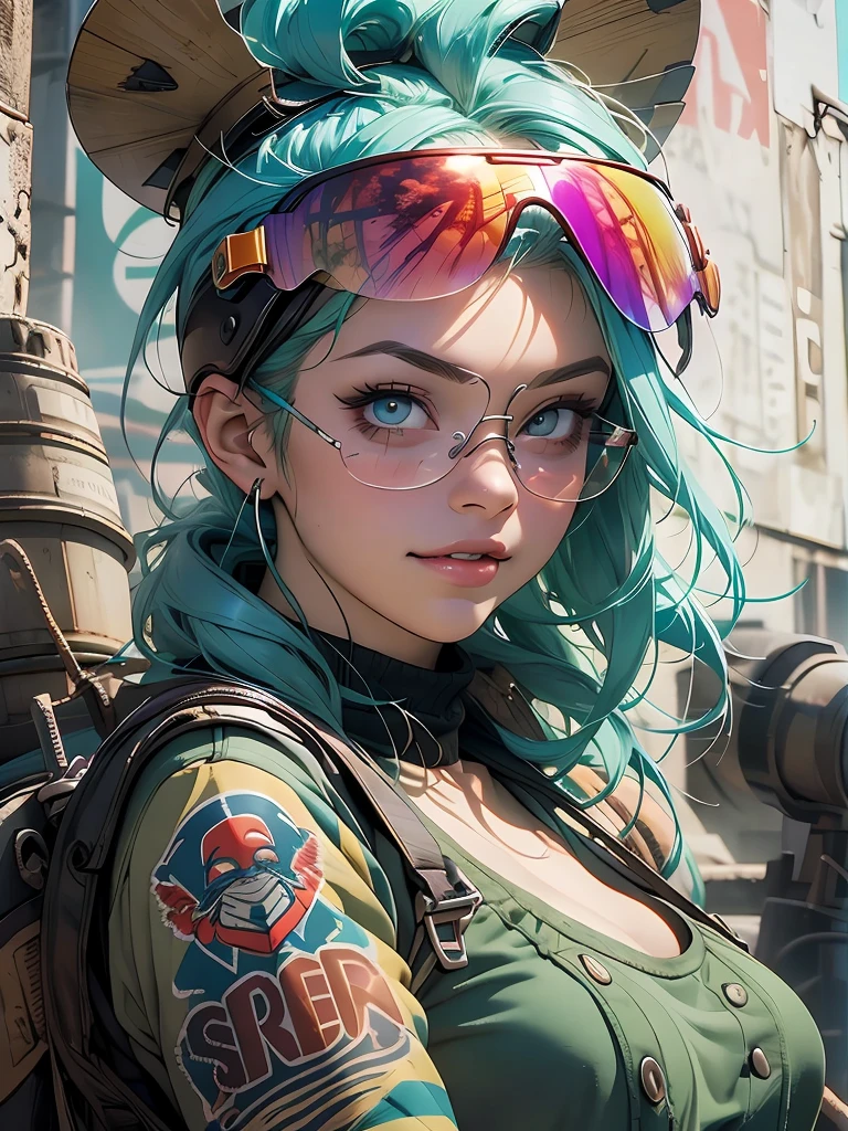 ((( fully body ))), ((( Aviator helmet on head ))), clothes full of buttons, master part, best quality, super detaill, 8k, gorgeous woman, Tank Girl com cara de maluca, malicious smile , colored mohawk hair, Punk Girl, post-apocalyptic world, (( of the tank )), nijistyle, torn and dirty clothes, short mohawk, sides of shaved head, clean face