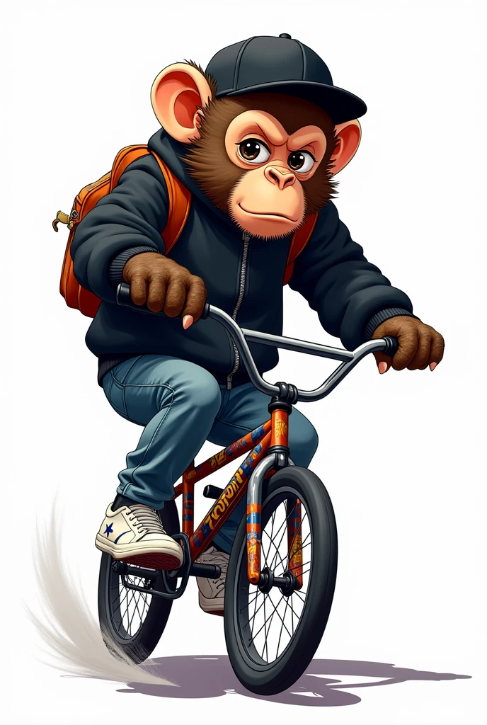 Illustration of a monkey in graffiti outfit with a backpack, riding a BMX bike, with one foot down and the other on the pedal, upset expression, with white tennis shoes, black sweatshirt, black cap, denim pants, on white background