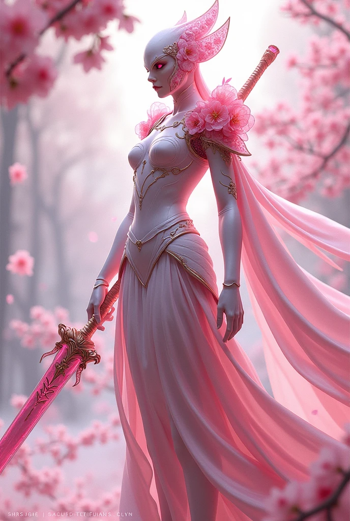 Sakurianas Warrior with the Sakura SwordThe tall, elegant warrior from the Sakurianas species is a vision of grace and power. She wears a unique armor made from a material that appears as delicate as Sakura petals but is 100 times stronger than diamond. The armor has a shimmering pink and white color scheme, resembling the natural hues of cherry blossoms. Intricate patterns of blooming Sakura flowers adorn the chest plate and shoulder guards, giving the armor an organic and fluid appearance. Her helmet, with a visor shaped like overlapping petals, completes the look, fitting perfectly to her form. Glowing pink veins of energy run through the armor, reflecting the regenerative and powerful nature of the wearer.In the warrior's hand is the Sakura Sword. This sword features a long, slightly curved blade forged from a pink metallic material that softly glows with a delicate aura. The blade is engraved with subtle designs of Sakura branches, which shimmer in shades of pink and gold as light hits it. The hilt is wrapped in pearl-white leather, adorned with rose gold accents, and at the base of the hilt, a small Sakura flower carved from rose quartz adds a final touch of elegance. The minimalist guard of the sword, decorated with small pink crystals, echoes the delicate branches of a cherry blossom tree.