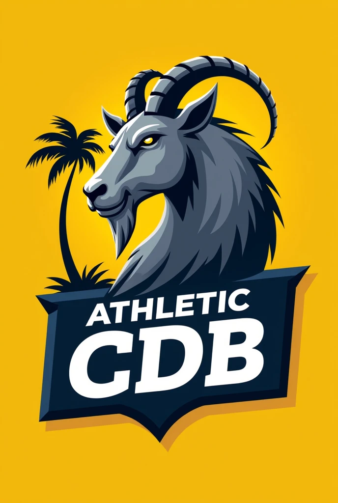 Logo of a football team. A towering gray goat&#39;s face turned to the side on the coat of arms. Having only ONE very tall and thin coconut tree just as a reference on the yellow background and name "athletic CDB" well highlighted in front in a strip. 