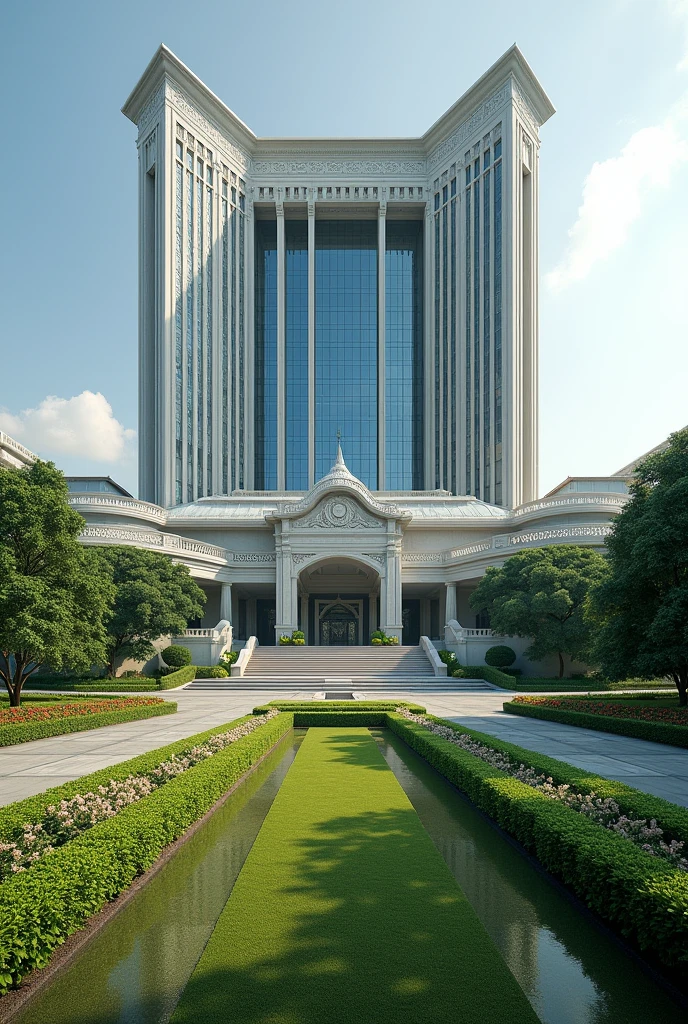 Create a very big headquarters with Singaporean architecture.The words FINANCE DOCKET exposed the compound has a driveway grass and flowers neatly organized no trees I can't see the words Finance Docket