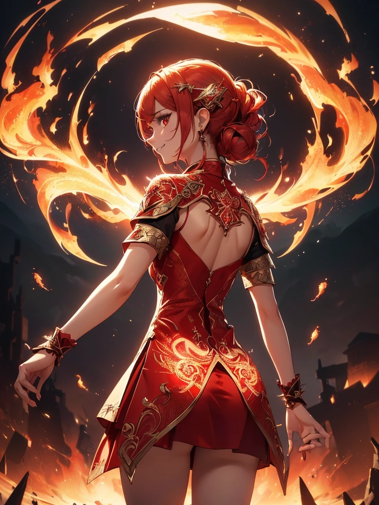 (((best quality, sharp image, clear image, cinematic lighting, 8k resolution, masterpiece, ultra detailed, intricate))) Girl, sorcerer, cute, intricate dress, smiling, fiery red, ((intricate background)), (rune frame), dimension, ((shot from behind)), fire sigils, chaotic background.