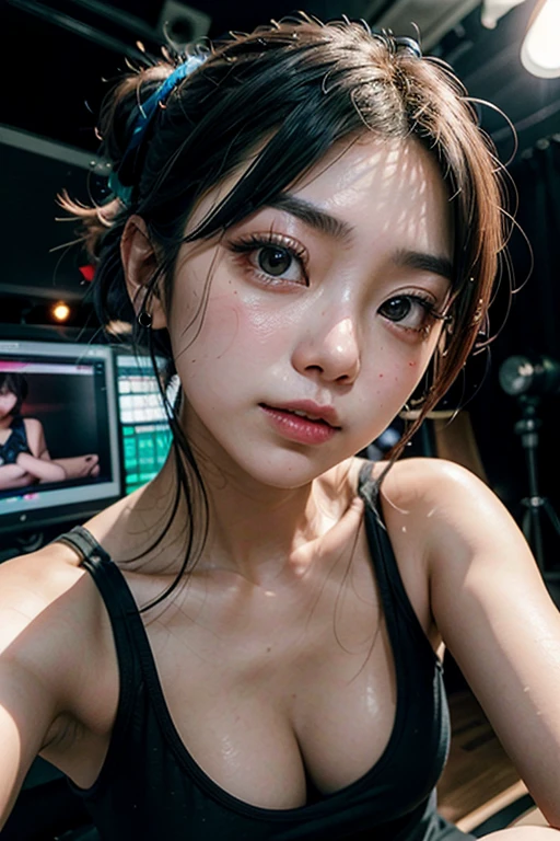 Portrait of gravure idol (Kana Takasugi) with blue-green lights illuminating most of it and red lights coming from below, with mild specular lighting behind camera, in a studio with an empty background