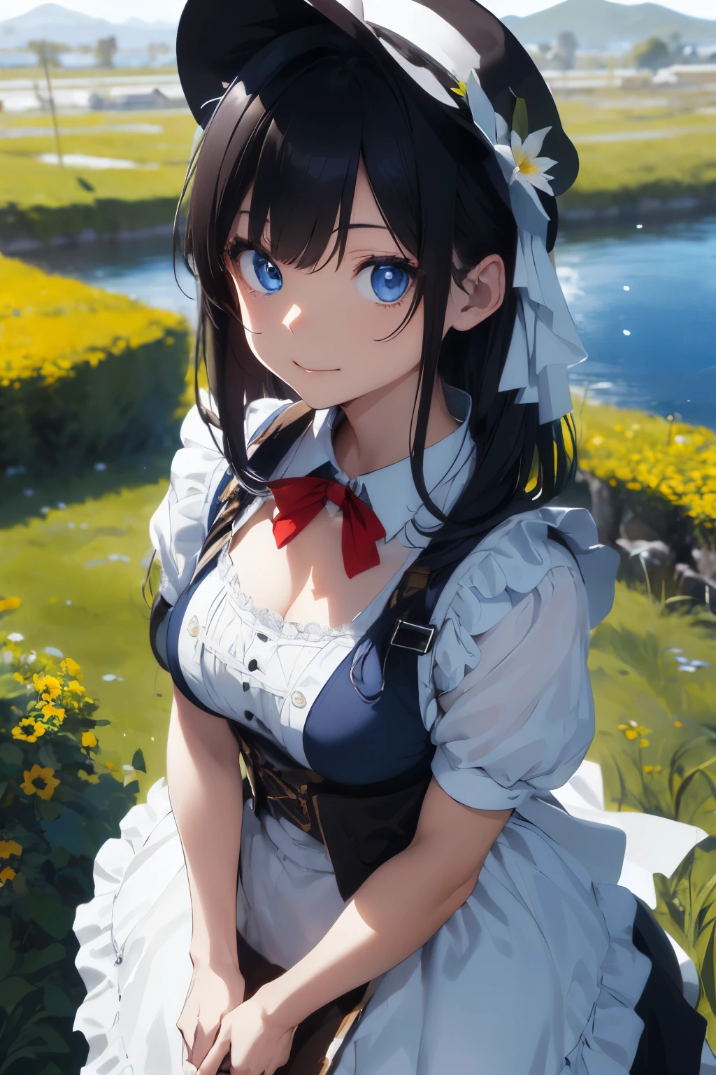 ((Top Quality)), ((Excellent)), (Details), ((Japanese)), Ultra-Realistic, Stunning Environment, Vivid Colors, , Black Hair, (Young Face), ((Straight Hair)), Shiny Hair, Medium Breasts, ((White Maid Outfit)), ((French Maid)), ((White Brim)), ((from_side)) , ((From Above)), ((Blue Eyes)), Half-Smiling, Upper Body, Shiny Hair, Blunt Bangs, ((Medium Breasts)), ((Leaning Forward)), ((Blue Eyes)), Masterpiece, Ultra-Realistic, ((Upper Body)), Outdoors, Grassland, Flower Field, Natural Light, Vivid Colors,