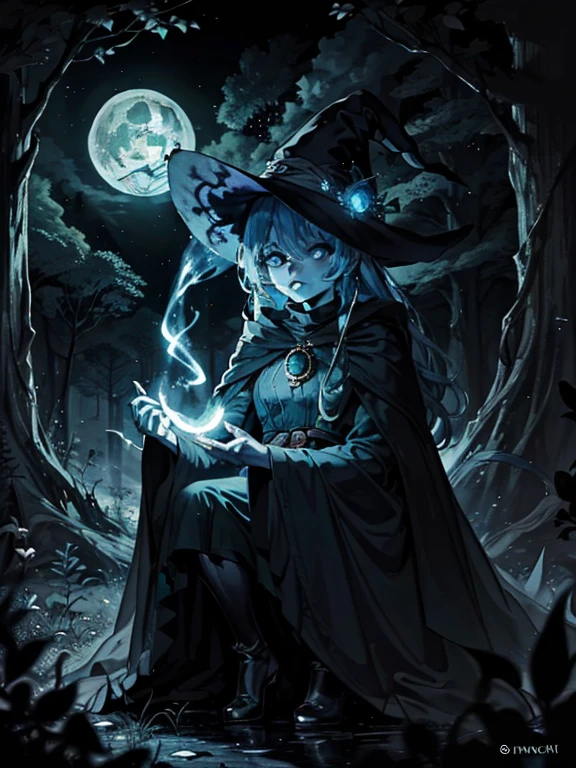 Create an image of a witch performing magic in a moonlit forest clearing. The witch wears a flowing cloak and her eyes glow intensely. Symbols of power form in the air around her as she casts spells. A cauldron emits mist over a fire. The scene evokes both wonder and unease, with deep colours and stark contrasts. Capture the witch's focus and the mystical atmosphere in this captivating image