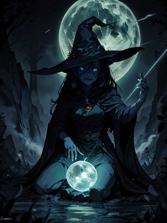 Create an image of a witch performing magic in a moonlit forest clearing. The witch wears a flowing cloak and her eyes glow intensely. Symbols of power form in the air around her as she casts spells. A cauldron emits mist over a fire. The scene evokes both wonder and unease, with deep colours and stark contrasts. Capture the witch's focus and the mystical atmosphere in this captivating image