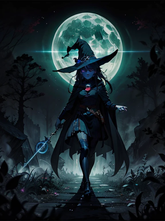 Create an image of a witch performing magic in a moonlit forest clearing. The witch wears a flowing cloak and her eyes glow intensely. Symbols of power form in the air around her as she casts spells. A cauldron emits mist over a fire. The scene evokes both wonder and unease, with deep colours and stark contrasts. Capture the witch's focus and the mystical atmosphere in this captivating image
