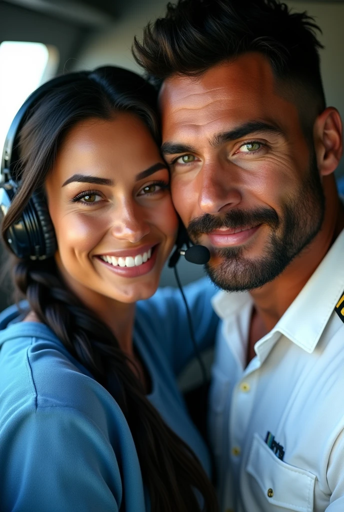 (photorealism: 1.2), hot brazilian sexy girl in sexy dynamic pose. raw portrait photography, hyper realistic and detailed face, complex and realistic skin texture, hot body, athletic body, smiling, long black hair with braid, dressed with long blue sweatshirt and headset with microphone with with the pilot, handsome tanned guy, Brazilian, beard and beautiful smile, green eyes, black hair, white pilot shirt in the cockpit airbus