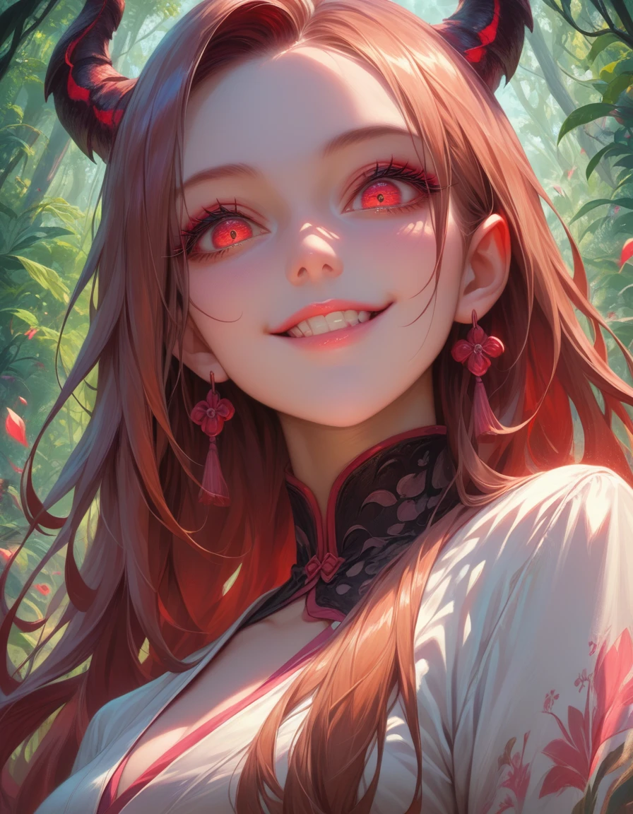 Beautiful young girl with long brown hair, Red eyes, and demonic features, wearing a pink and white kimono, standing in a lush forest background, Very detailed, One girl, extremely detailed face and eyes, Beautiful lip detail, Long eyelashes, masterpiece, Realistic, Vibrant colors, Cinema Lighting, Detailed Environment, Concept Art Style, (Shot below) and (Cowboy Shot), Devilish smile 