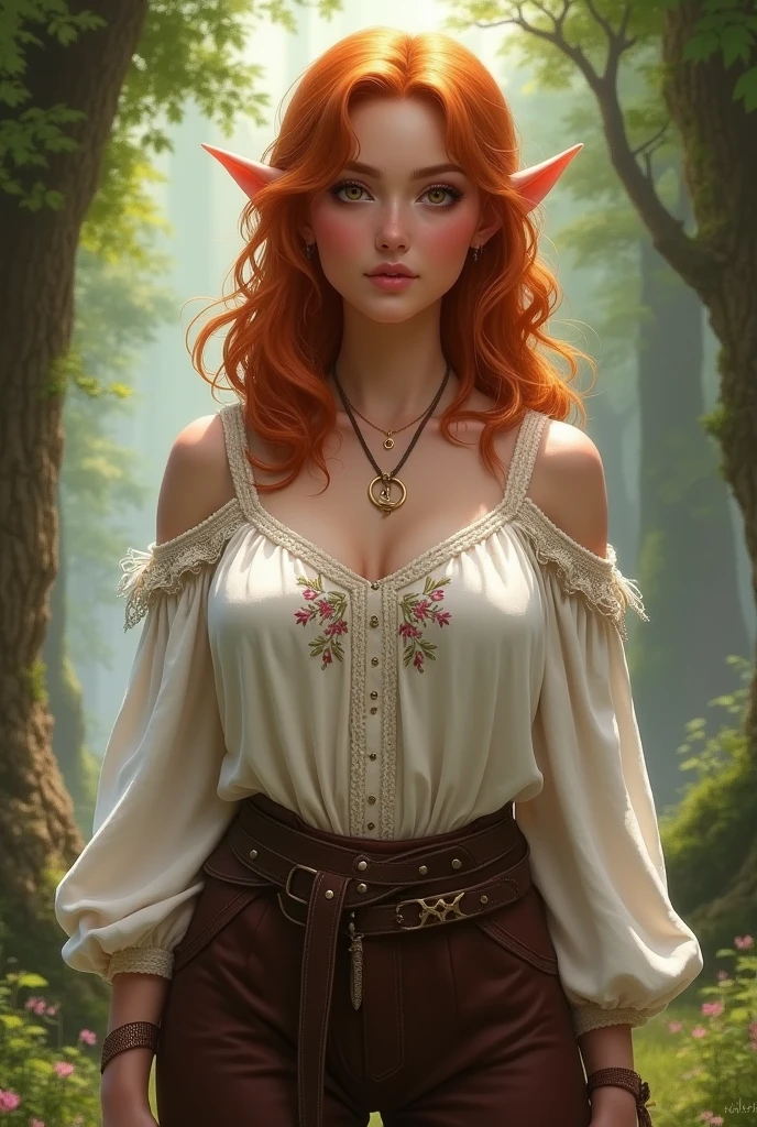 An elf woman with orange-brown, shoulder-length slightly curly hair and brown eyes. She is a plus-size woman. She wears a white blouse with beautiful embroidery and dark brown trousers in medieval style. She wears a necklace with a moon around her neck. Fantasy Setting. Realistic art style.