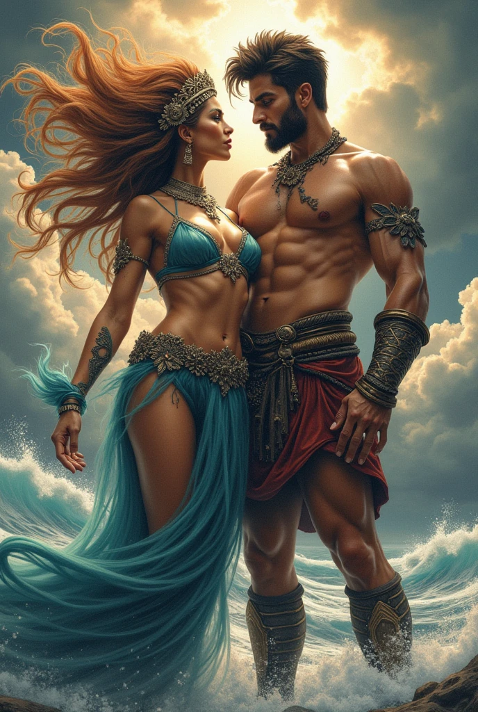 Create a tattoo of a beautiful woman as a hurricane goddess in front of a handsome and strong Spartan warrior man leaning towards her representing endurance, stability, balance and firmness