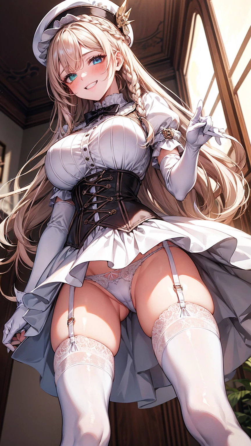 masterpiece, Highest quality, One person, Sariel, Heterochromia iridis, Braided bangs, indoor, Ruler, O-ring top, corset, Peaked Hat, White panties, Thigh-high boots, Huge breasts, Grin, blush, From below, whip 、long gloves up to the elbow、garter belt