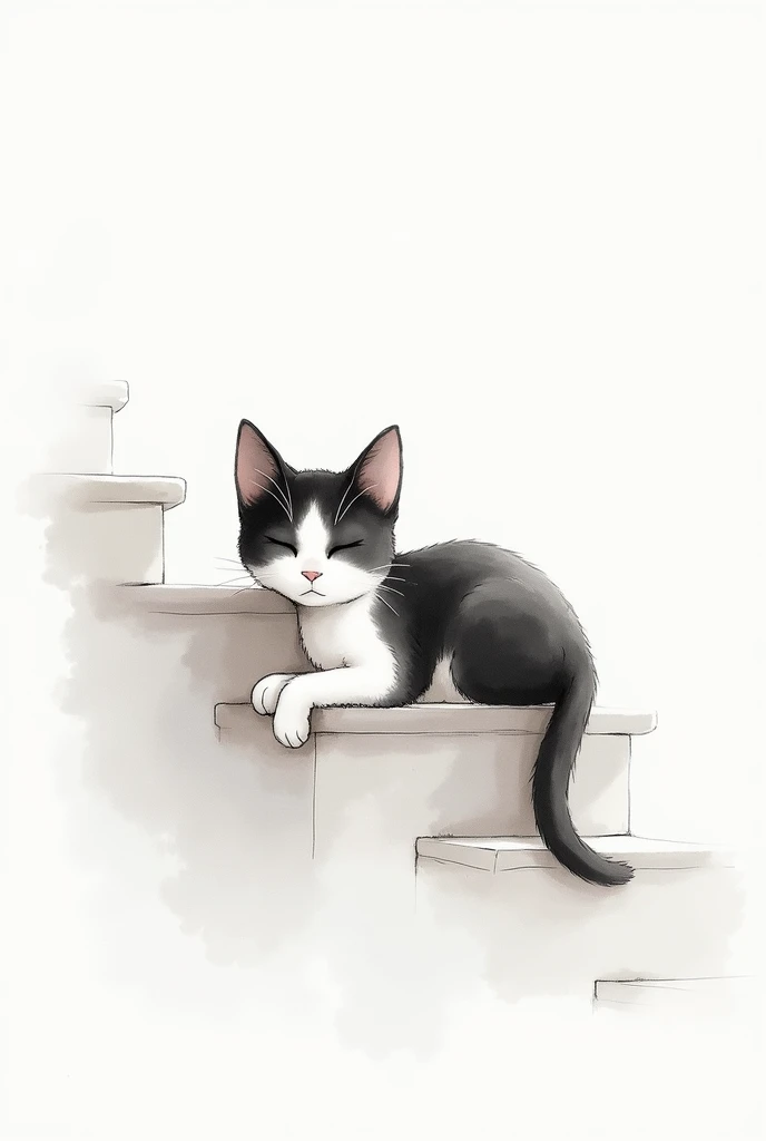 Watercolor painting with white spaces and undefined outlines : black and white cat lying on a stair step