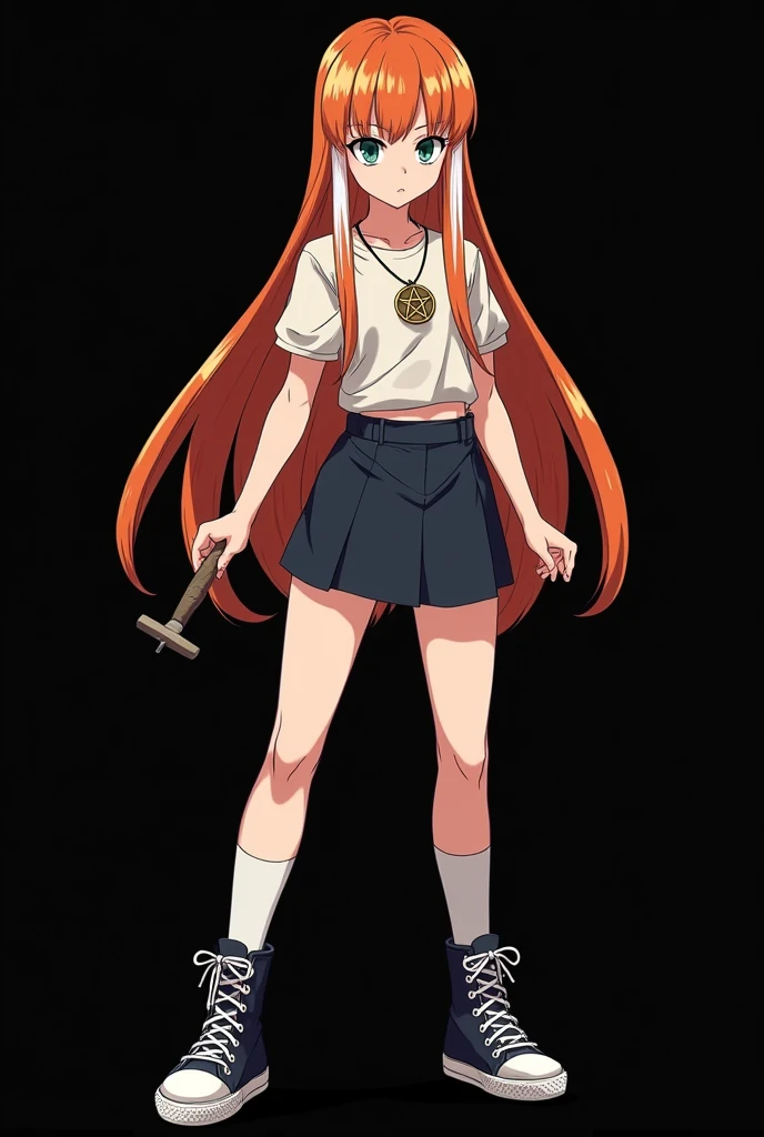 A full body image of an 1 girl, personagem do anime "Dragon Ball Super", she is very beautiful, with long, straight, fire-colored hair with two white streaks highlighted in the front, framing your face. She has blue-green eyes and pale skin.. she is a Wiccan, she is in fighting pose. she wears a pentagram necklace, croped, glued skirt, beautiful women&#39;s high-top shoes and ¾-long socks, she holds a small nail hammer and small nails. It is drawn with Akira Toryama&#39;s animation. black backdrop.