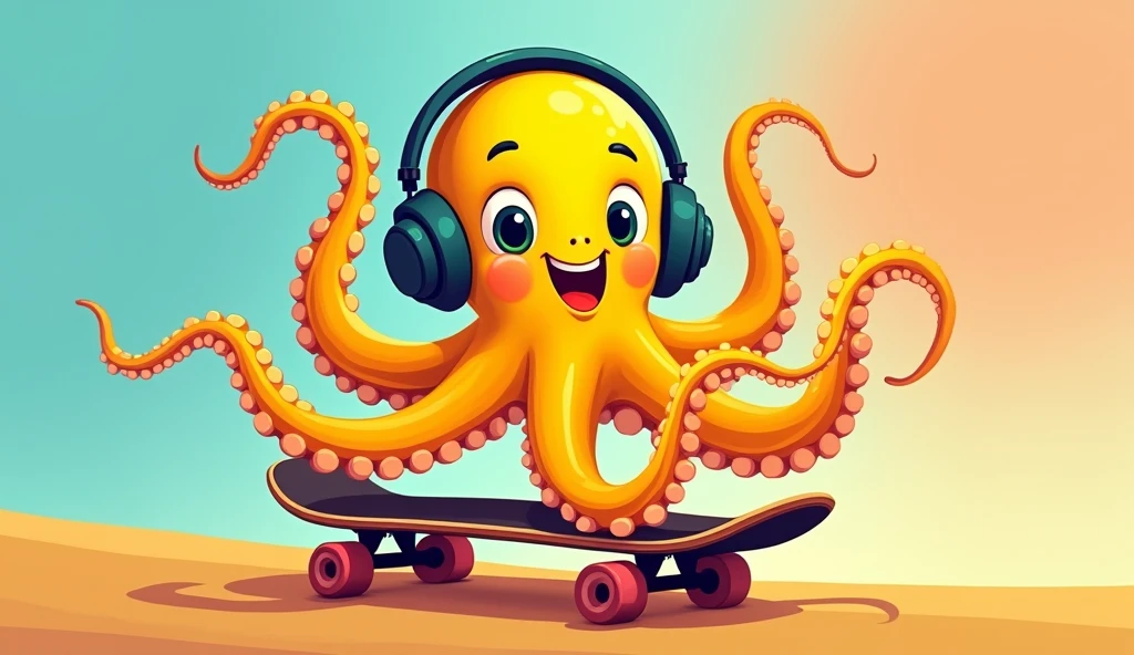 create a smiling octopus, yellow, (((pixar drawing style))), he must be on a skateboard wearing headphones.