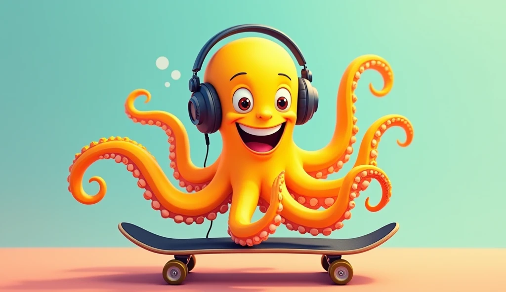create a smiling octopus, yellow, (((pixar drawing style))), he must be on a skateboard wearing headphones.
