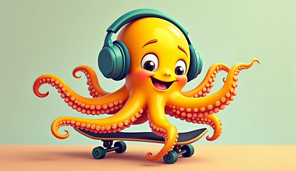 create a smiling octopus, yellow, (((pixar drawing style))), he must be on a skateboard wearing headphones.
