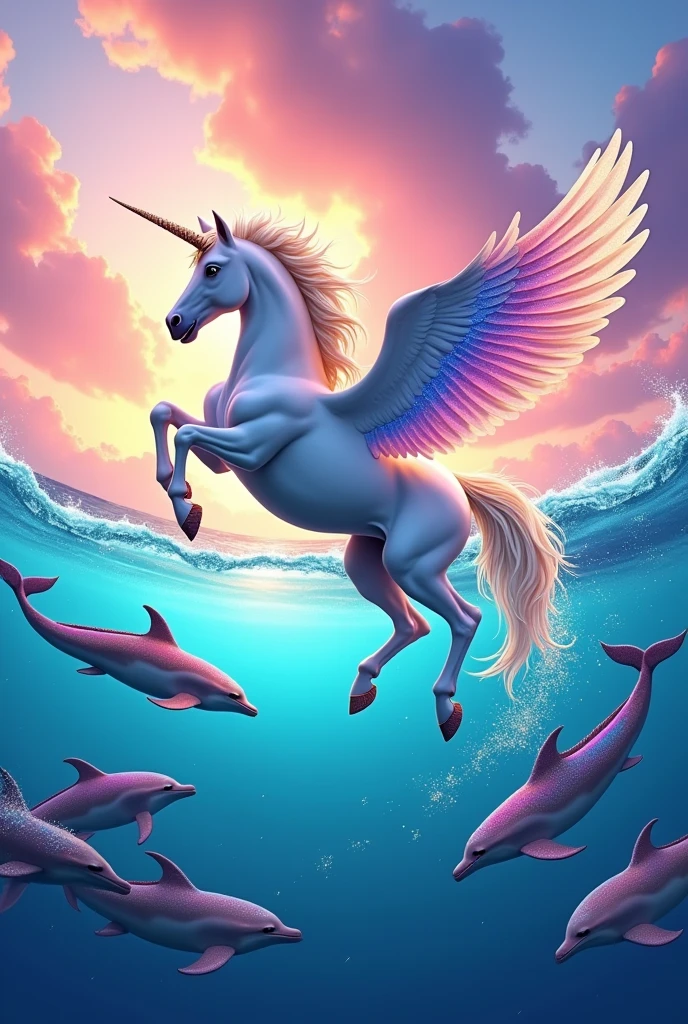 Flying unicorn with rainbow and dolphins with many colors