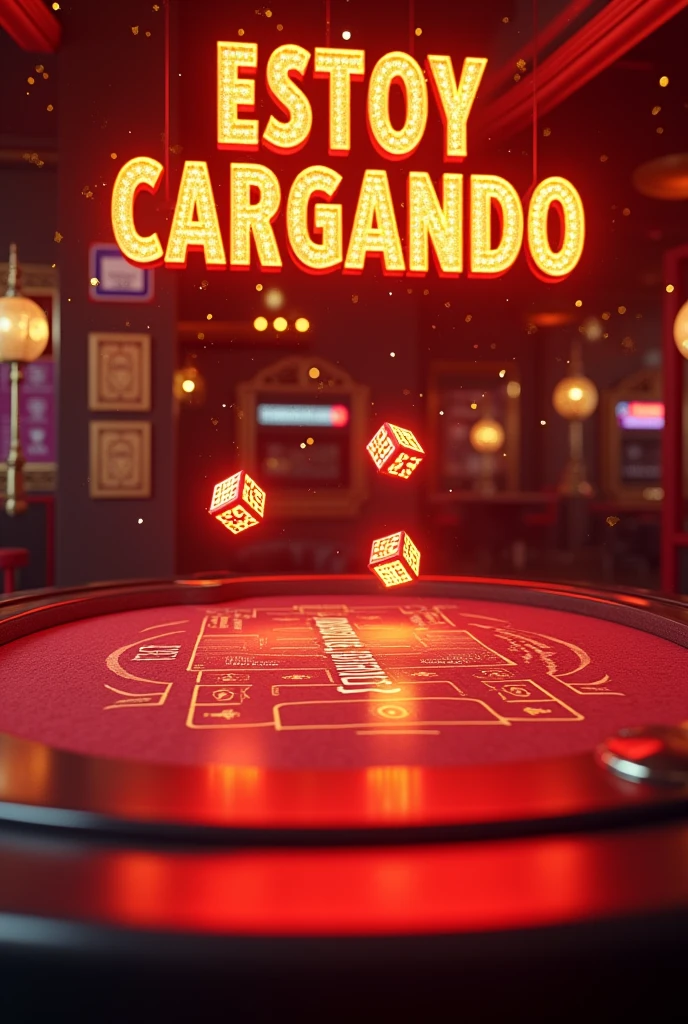  dazzling 3D render of a bustling casino scene, featuring a vibrant red background adorned with shimmering black sparkles. The focal point is a large, glossy poker table, with glowing dice whizzing through the air. The casino sign above reads "ESTOY CARGANDO" and "RED ANA MAQUINITAS" in bold, fluorescent orange glass letters. Suspended above the poker table, gold 3D letters display the phrase "EL DIA ESTA ESPECIAL PARA JUGARSE UNAS FICHITAS " and the warning "No Lo Dudes Más". The atmosphere is electric, capturing the thrill and intensity of a high-stakes gambling experience., typography, 3d render