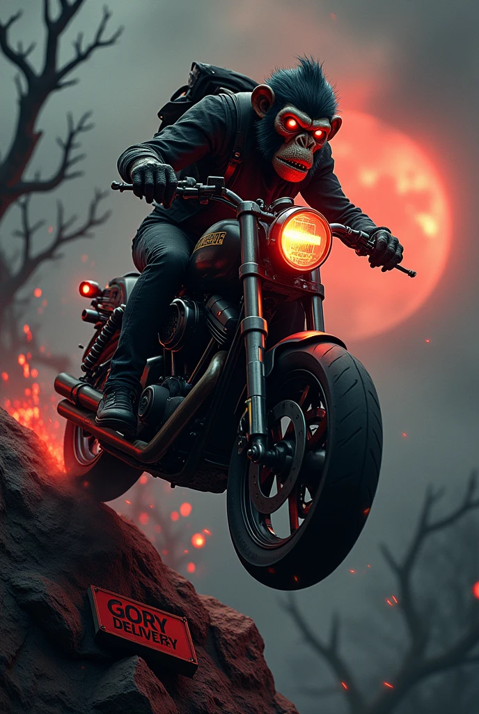 A dark fantasy image of a delivery riding a fiercely modified Harley Davidson motorcycle, adorned with flames. The motorcycle has a monkey face with glowing red eyes. The motorcycle is speeding towards a cliff's edge. Below the cliff, there is a sign with the words 'Gory Delivery'. The background is filled with a haunting landscape of twisted trees and an ominous black and red sky.