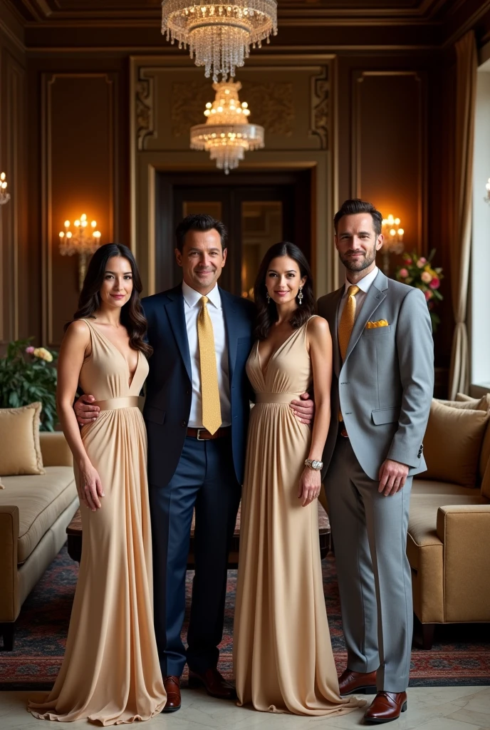 Photo Description da Família Mazzoni
Ambiente:
Location: The photograph is taken in an elegant hall of a mansion or in a luxurious environment with classic and sophisticated decor.. The background consists of walls with dark wood or marble panels., ornate frames, and large windows with silk curtains. There is refined furniture such as sofas with velvet upholstery, marble coffee tables and elegant floral arrangements in crystal vases.
Lighting: The lighting is soft and warm, provided by crystal lamps or chandeliers. The light highlights the details of the costumes and creates a welcoming and sophisticated atmosphere..
Photo Description:
Position dos Membros:
Centralization and Framing: The photograph is well composed, with all four family members centered and framed in a balanced way. They are positioned to create a harmonious visual line and are arranged so that each member is clearly visible..
- John Vicente Mazzoni (Ian Bohen):
Position: Giovanni is in the center, standing, with a confident and dignified posture.
Appearance: He wears a well-fitted navy blue suit, with a white shirt and a gold tie. The suit is complemented by a white pocket square with a gold detail.. He wears stylish sunglasses and a luxury watch. Your hair is neatly combed, and he displays a light, confident smile.
- Clara Williams Dubois Albuquerque Mazzoni (Bridget Regan):
Position: Clara is next to Giovanni, slightly leaning towards him, in a graceful and natural pose.
Appearance: She wears a long dress in gold or champagne tones., with subtle crystal details. The dress has a fluid and sophisticated design. Clara wears her hair tied up in a classic bun or loose in soft waves.. She wears diamond earrings and a delicate necklace.. His smile is warm and genuine.
- Thomas Mazzoni (Tom Welling):
Position: Thomas is next to Clara, standing, with a relaxed and friendly posture.
Appearance: He wears a light gray suit