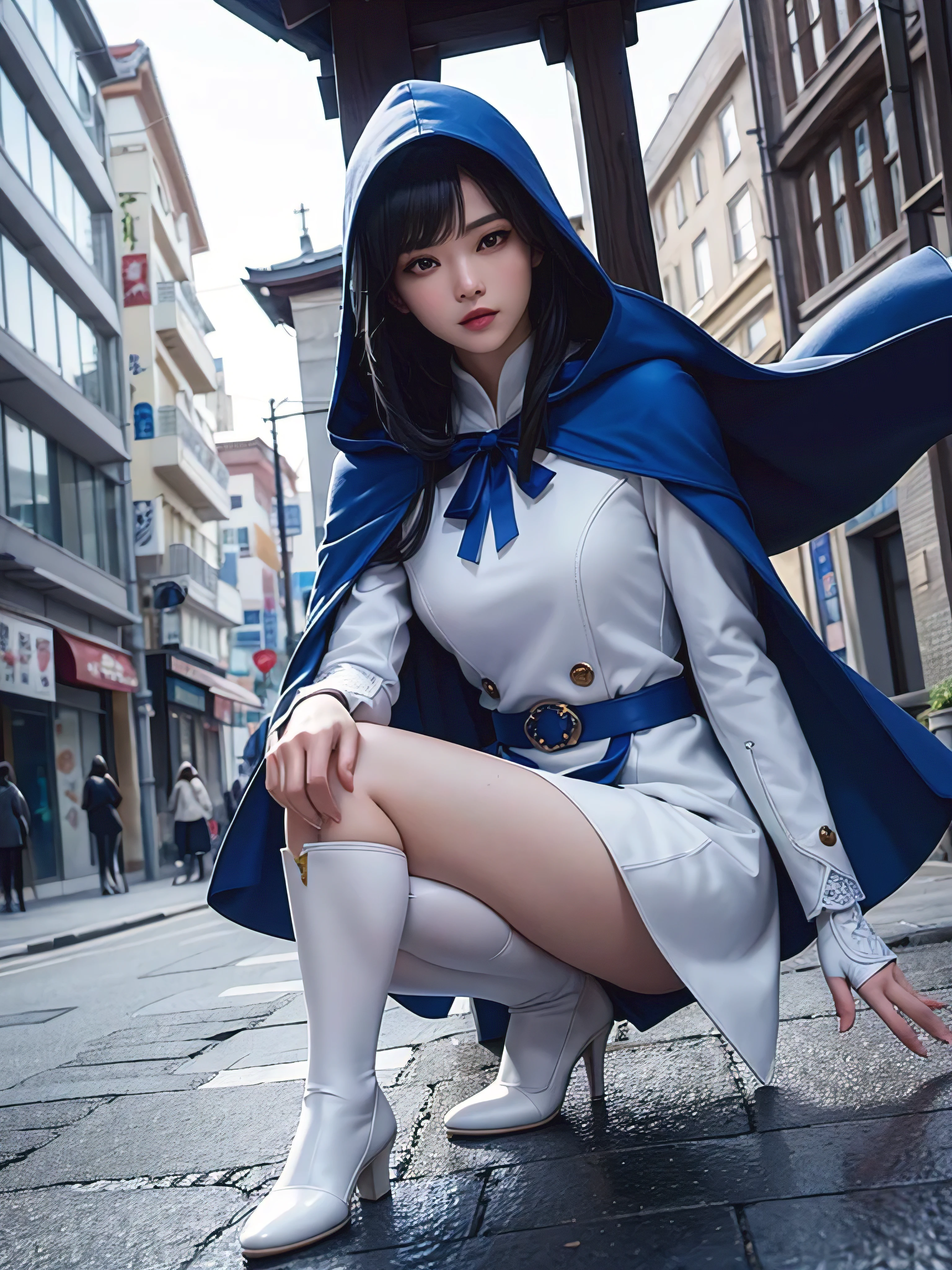 South korea asssassin's creed walk women mystery hooded on with modern royal Blue coat with buttons and royal Blue cape and very high white heel over the knee and white gloves, As she reveals a small secret hidden blade, adding to the characters mysterious, with small movements of air on the cape, in summer at night under the rain, with buildings featuring curved eaves and detailed architecture. sophisticated and highly detailed, ultra hd, realistic, hyper detailed, enhanced colours, ultra sharp focus, with vibrant, rich in details High quality, gorgeous, captivating, 8k, super detailed, stunning shadows, detailed lines, blood stain on clothes and walls, corpses in the street recently murdered