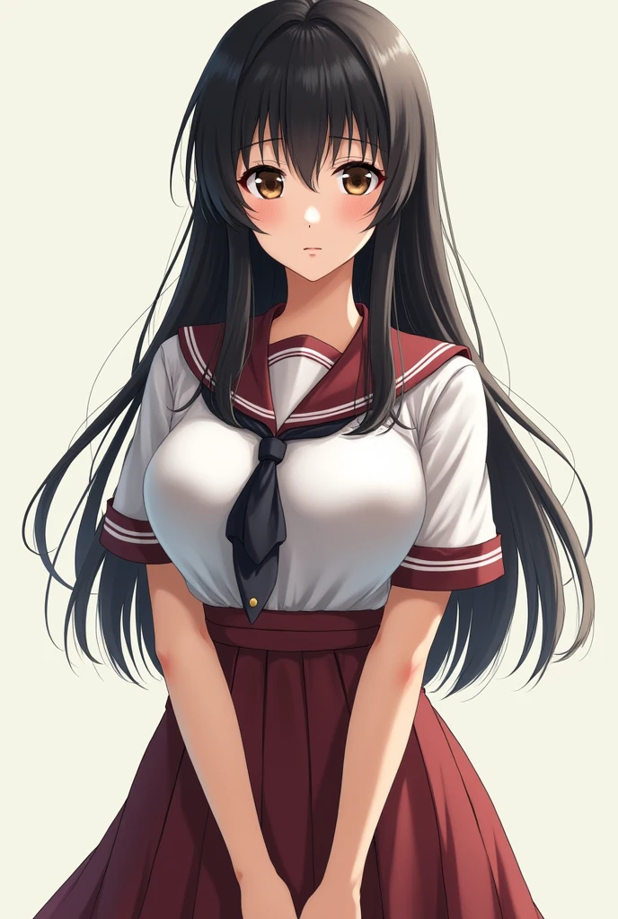 best quality, works, (realistic: 1,2), 1 girl, black long hair, brown eyes, Front, detailed face, beautiful eyes, thick lips, slim body, big boobs, wearing Japanese school girl uniform