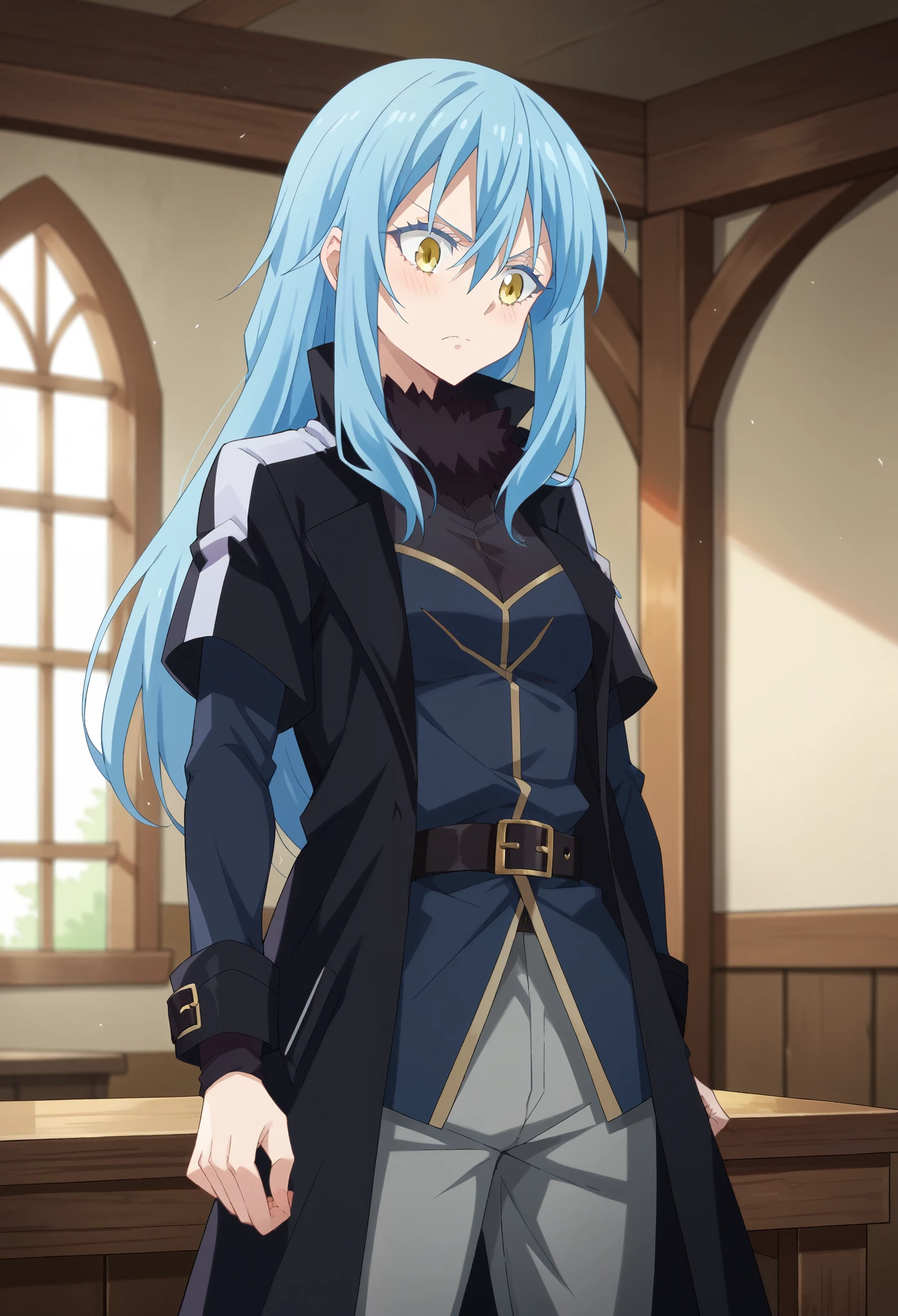 score_9, score_8_up, score_7_up, 1girl, solo, rimuru tempest, long hair, hair between eyes, blue hair, yellow eyes, long sleeves, open clothes, belt, pants, coat, black pants, buckle, black belt, open coat, black coat, belt buckle, grey pants, breasts, standing, shaking, nervous, one closed eye,looking down, inside a medieval house