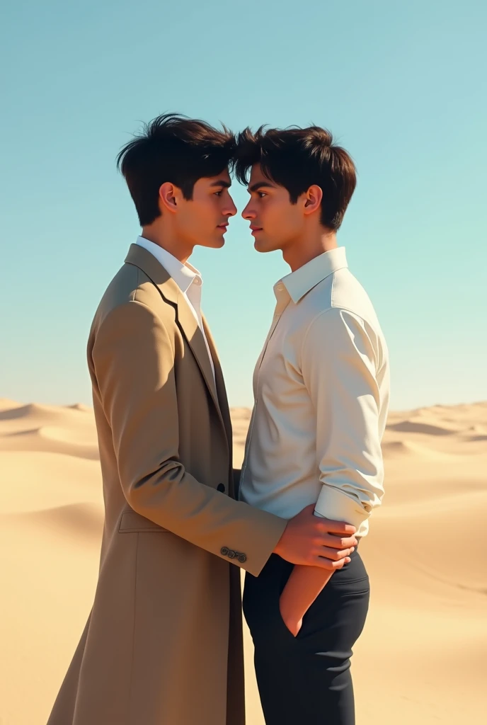 "Create a romantic and evocative digital art style image, showing two young men in profile against a desert backdrop under a clear blue sky. They have dark hair and modern styles, and are dressed in elegant neutral-toned attire. The mood should be soft and contemplative, focusing on their serene expressions and a moment of intimate connection, as if they are about to exchange a meaningful glance. The ground should be sandy, with small dunes in the background, to give a sense of vastness and isolation."