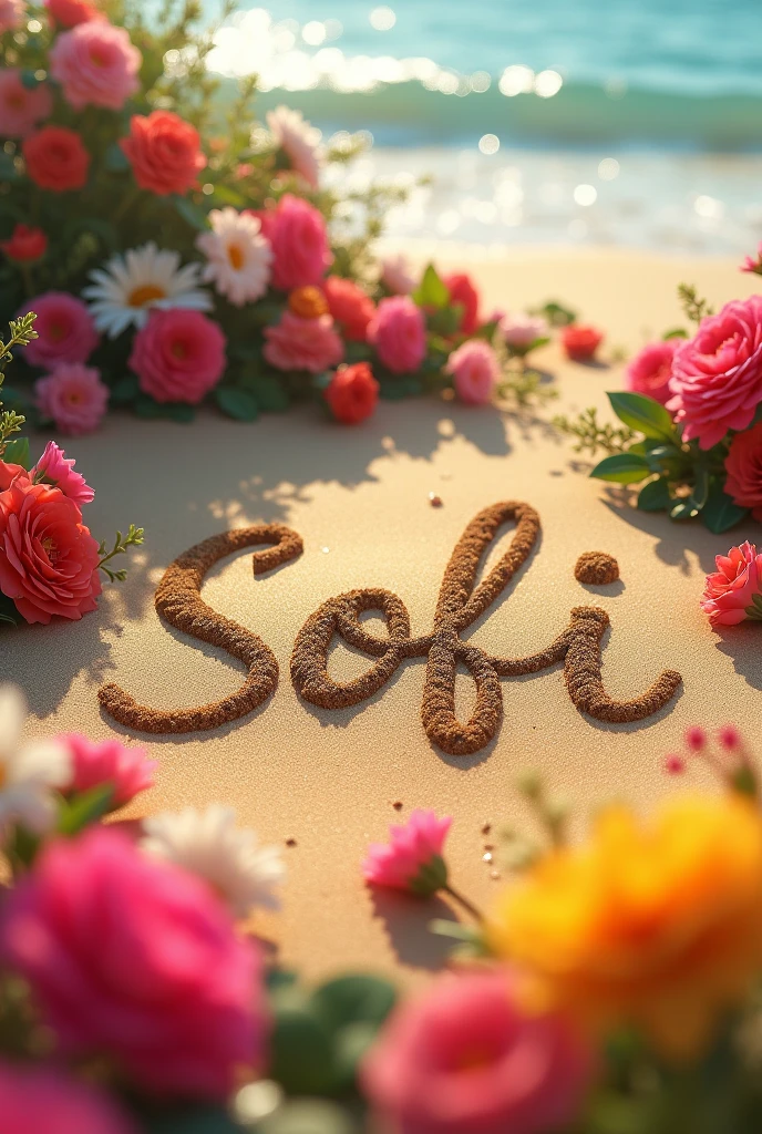 My name SOfi written on sand with lots of flowers, 8k high quilty