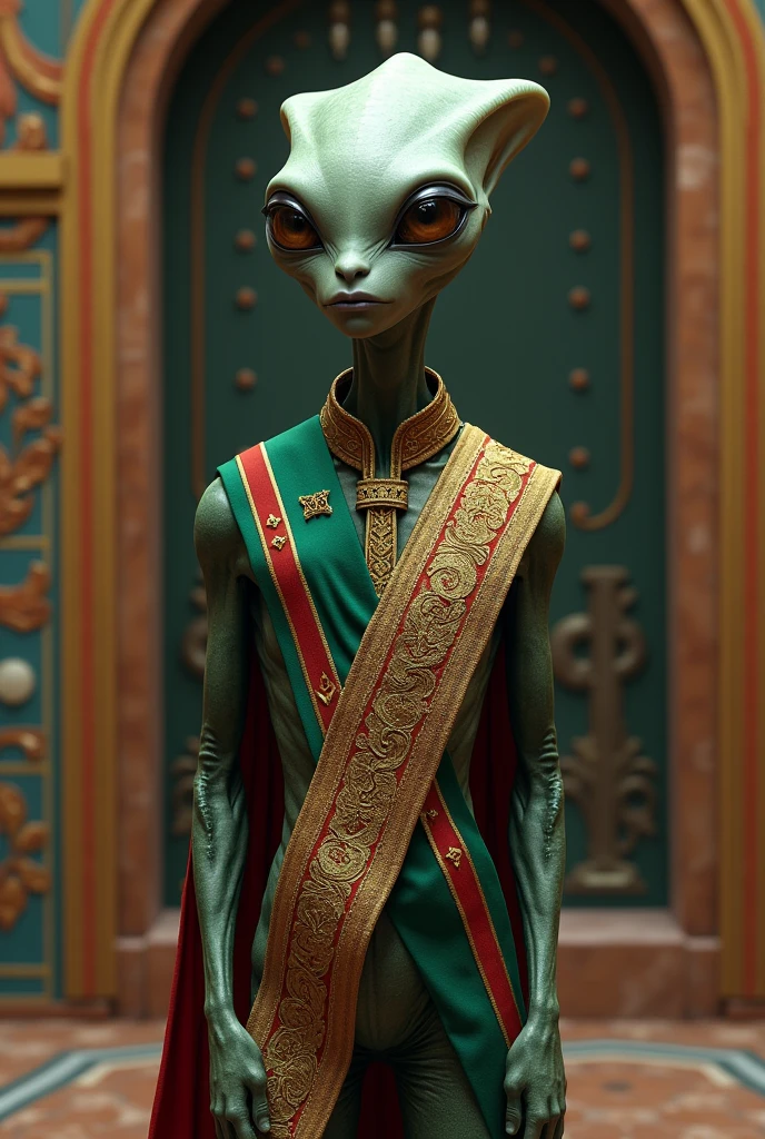 Generate this image of an alien wearing the Mexican Presidential Sash.