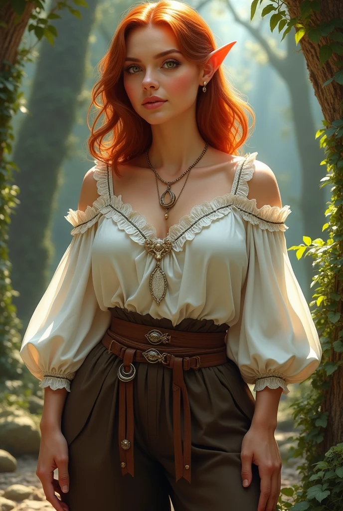 An elf woman with orange-brown, shoulder-length slightly curly hair and brown eyes. She is a plus-size woman. She wears a white blouse with beautiful embroidery and dark brown trousers in medieval style. She wears a necklace with a moon around her neck. Fantasy Setting. Realistic art style.