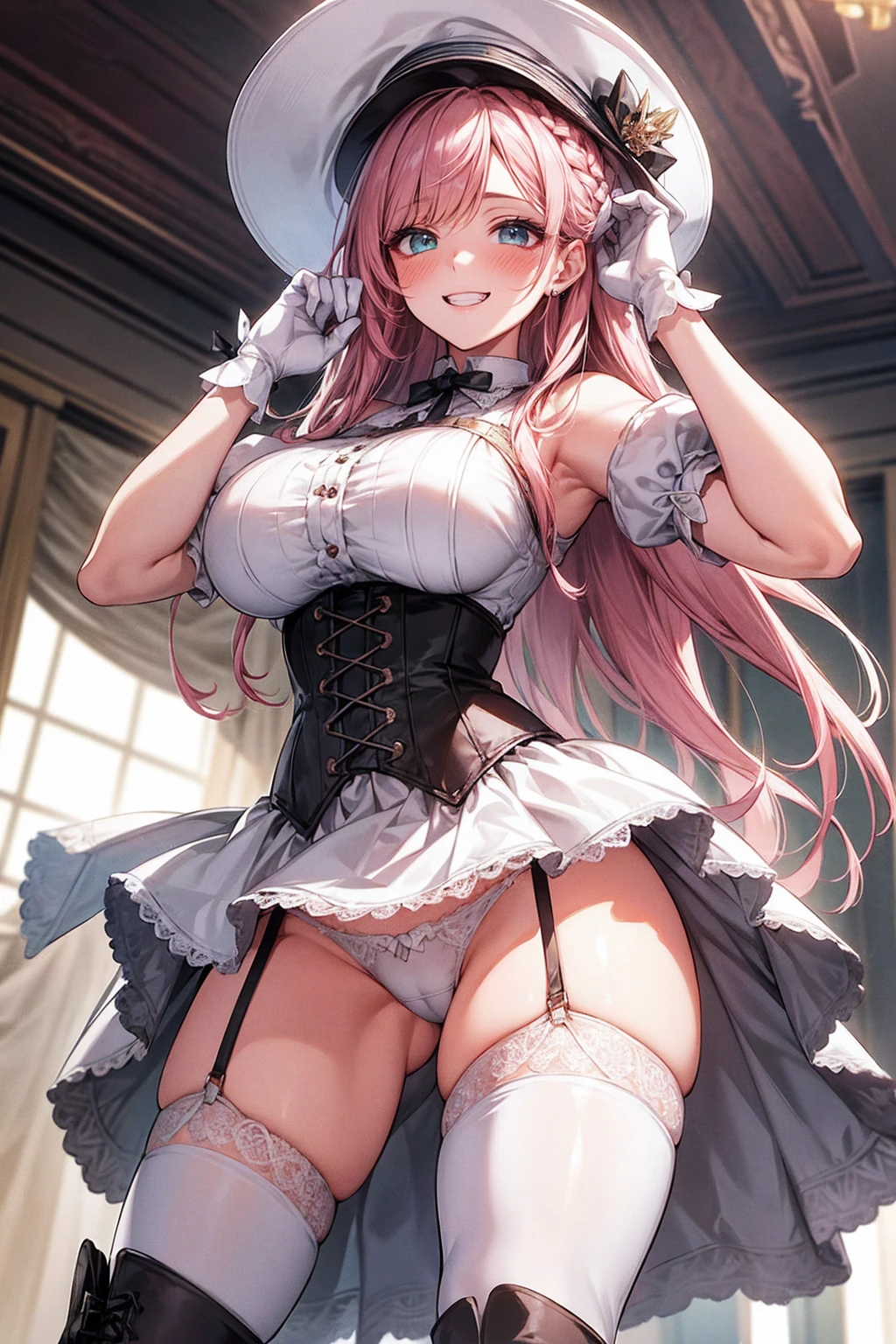 masterpiece, Highest quality, One person, Sariel, Heterochromia iridis, Braided bangs, indoor, Ruler, O-ring top, corset, Peaked Hat, White panties, Thigh-high boots, Huge breasts, Grin, blush, From below, whip 、long gloves up to the elbow、garter belt