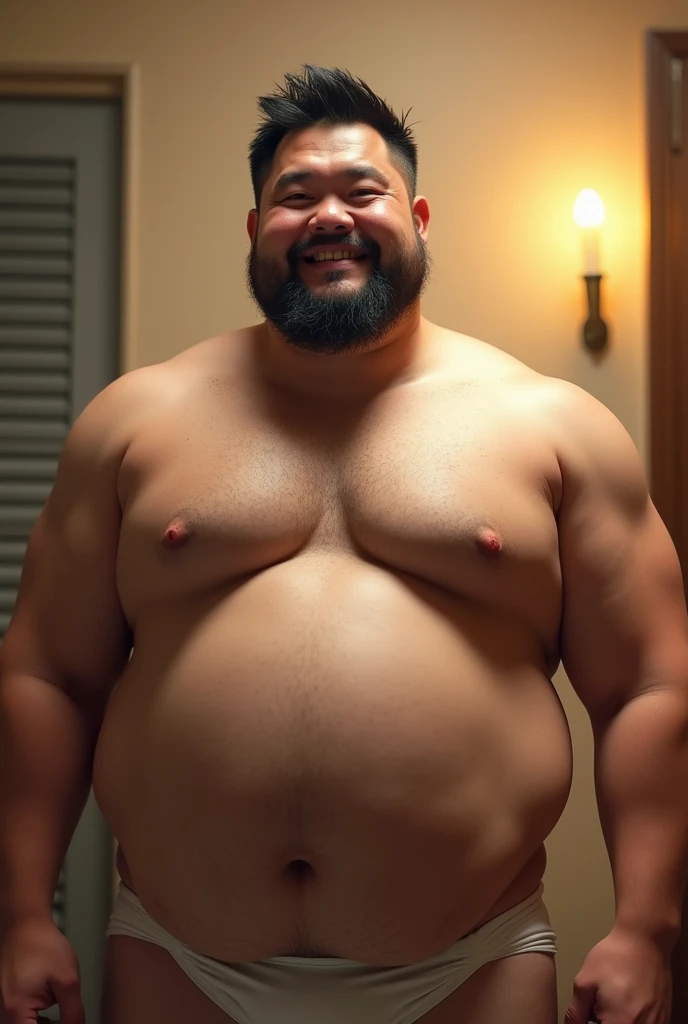 He weighs 130 kg, For a person 170cm tall, Has a round physique, Short black hair, Shirtless.Wearing white briefs、I am Japanese、He has stubble.、There is a lot of body hair、
Highest quality, Anatomically correct, masterpiece, Backlight, Open your mouth, High resolution, High detail, Textured skin, smile, Blushing,
