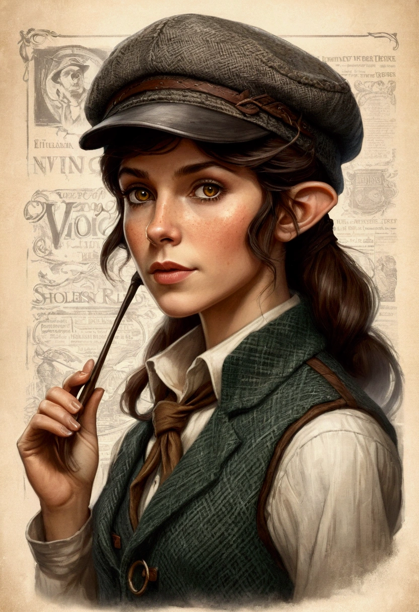 An illustrated movie poster, hand-drawn, full color, an elven maiden, wearing a tweed vest and a newsie cap, tall, toned, amazonian stature, athletic hourglass figure, long pointy elf ears, amber eyes, dark hair, shaggy bob cut, deep sun-tanned skintone, freckles, standing on a foggy Victorian-era street corner, graphite shading, stencil marks, airbrushed acrylic paint, masterpiece, in the style of Sherlock Holmes, elf ears