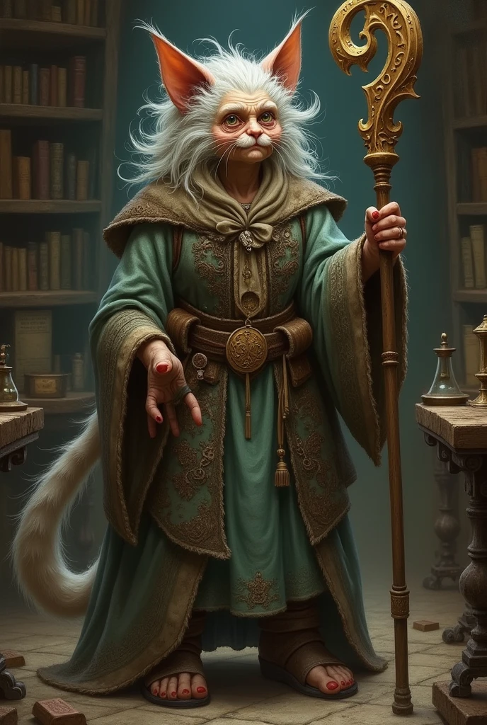 An elderly woman with cat ears and a cat tail, staff in hand, in old clothes, Art
