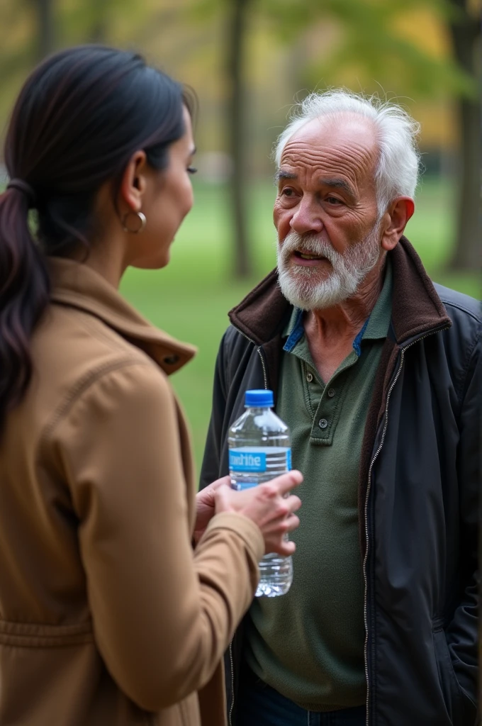 A woman giving a bottle of water to an elderly man in distress