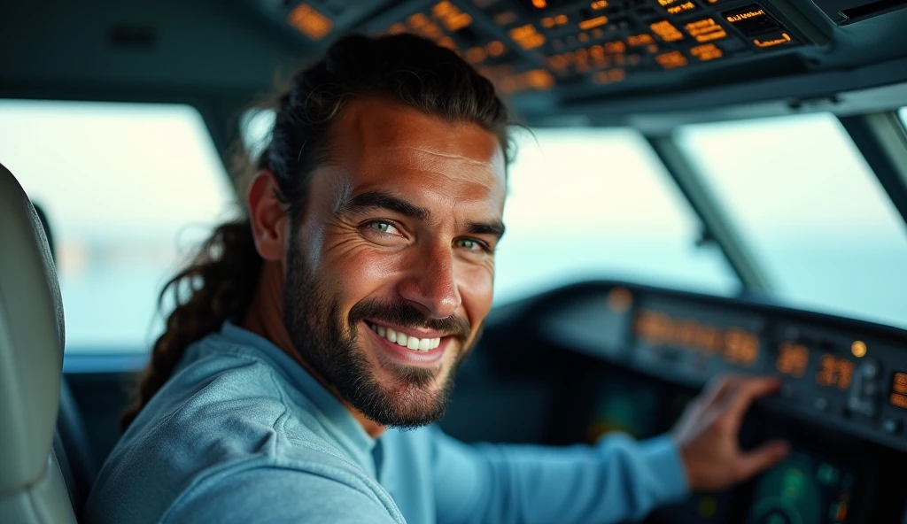 (photorealism: 1.2), hot brazilian ???? girl in ???? dynamic pose. raw portrait photography, hyper realistic and detailed face, complex and realistic skin texture, hot body, athletic body, smiling, long black hair with braid, dressed with long blue sweatshirt, handsome tanned guy, Brazilian, beard and beautiful smile, green eyes, black hair, white pilot shirt in the cockpit airbus
