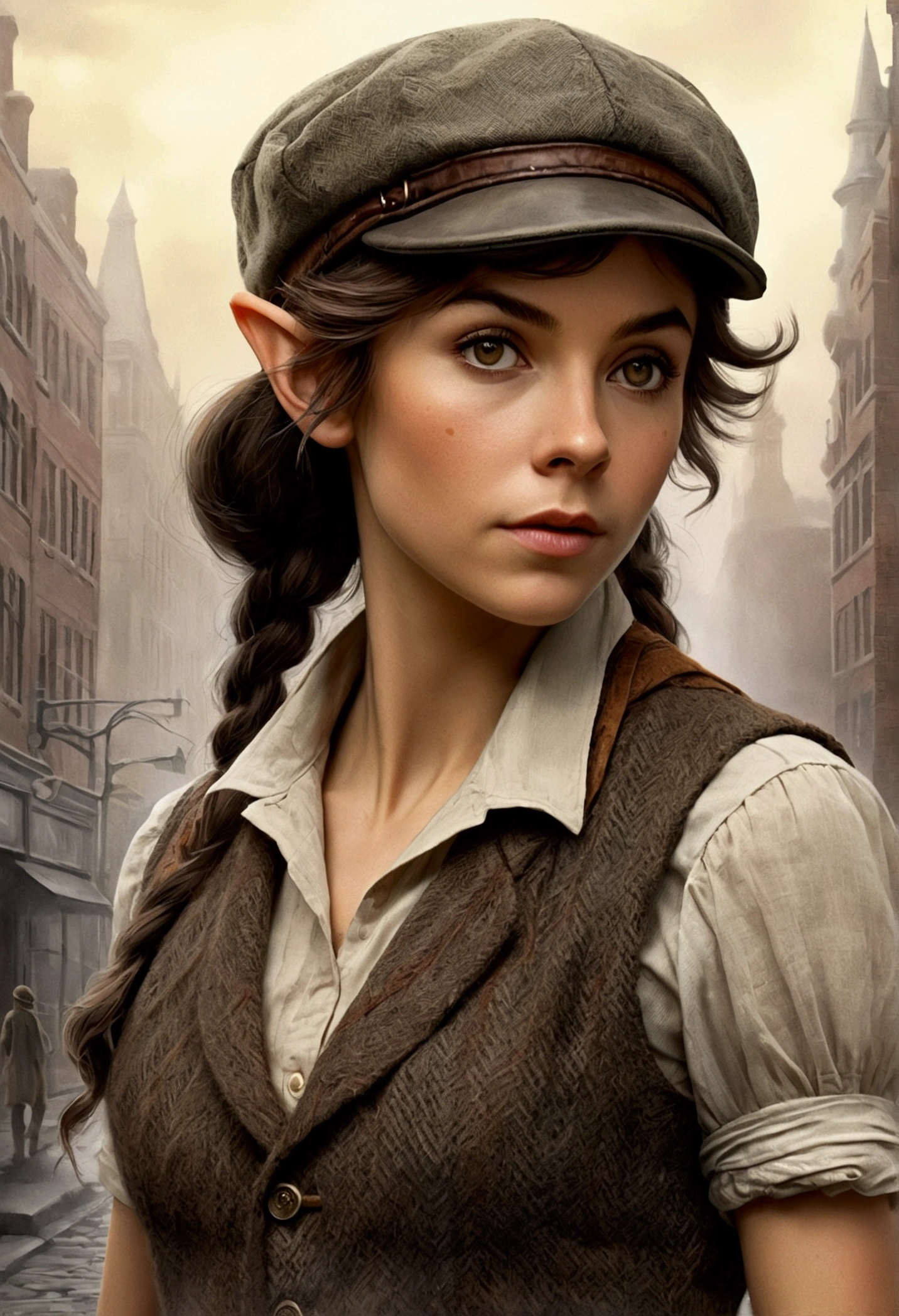 An illustrated movie poster, hand-drawn, full color, an elven maiden, wearing a tweed vest and a newsie cap, tall, toned, amazonian stature, athletic hourglass figure, long pointy elf ears, amber eyes, dark hair, shaggy bob cut, deep sun-tanned skintone, freckles, standing on a foggy Victorian-era street corner, graphite shading, stencil marks, airbrushed acrylic paint, masterpiece, in the style of Sherlock Holmes, elf ears