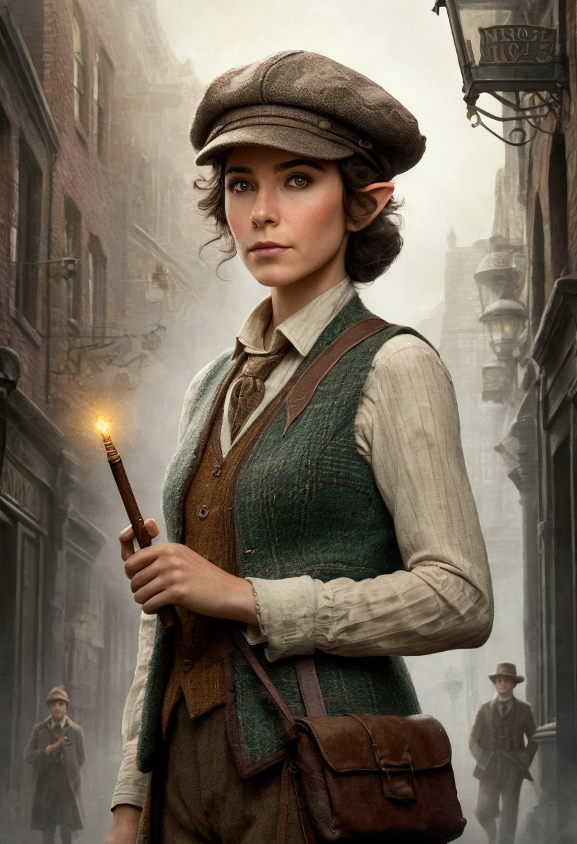 An illustrated movie poster, hand-drawn, full color, an elven maiden, wearing a tweed vest and a newsie cap, tall, toned, amazonian stature, athletic hourglass figure, long pointy elf ears, amber eyes, dark hair, shaggy bob cut, deep sun-tanned skintone, freckles, standing on a foggy Victorian-era street corner, graphite shading, stencil marks, airbrushed acrylic paint, masterpiece, in the style of Sherlock Holmes, elf ears